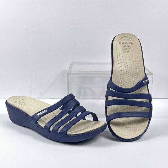 Crocs Rhonda Wedge Sandals Shoes Womens 8 Navy Blue Strappy Slide Comfort - Picture 1 of 10